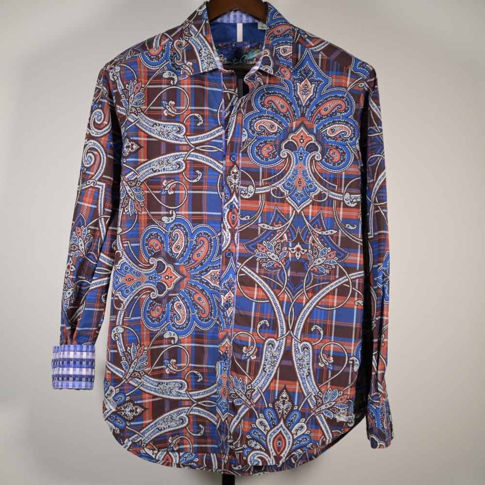 Robert Graham Mens Paisley Plaid Button Down Shirt Blue Orange Classic Fit L - Picture 2 of 13